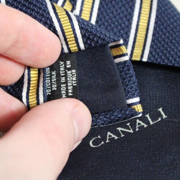 CANALI Repp Tie 100% Silk - Navy Blue, Yellow & White Diagonal Stripes - Picture 3 of 3